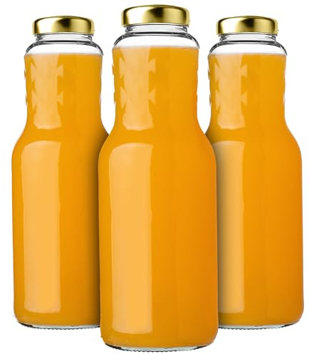 KADAX glasflaskor 1 l, 3 stycken, juiceflaskor med skruvlock fi53 mm, tomma flaskor för konservering och fyllning, konserveringsflaskor för juice, bred halsflaska (guld)