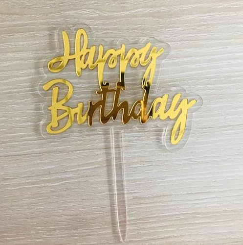 Acrylic Happy Birthday Cake Topper, Gold Mirror Finish, Clear Base Stand, Party Decoration