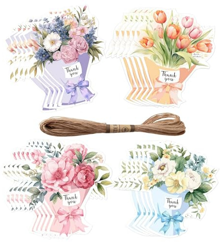 SamHeng 80 Pcs Thank You Bouquet Gift Tags, 4 Style Paper Tags Favors Labels with String, 8CM Handmade Flower Decorative Hanging Labels for Present Wrapping Wedding Party Business DIY Craft Projects