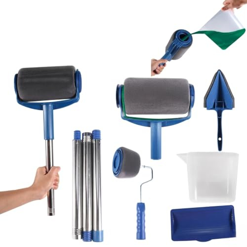 8PCS Paint Runner Pro Roller Brush Set with Extension Handle | DIY Wall & Ceiling Painting Kit with Flocked Edger, Corner Cutter, Tray & Pour Jug | Reusable Paint Roller Kit for Home