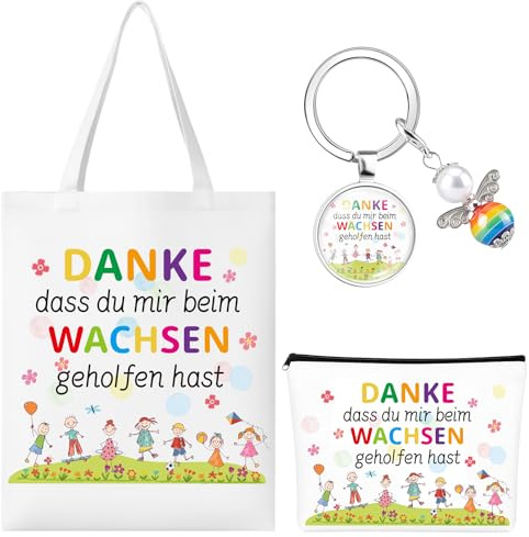 3 Stück Dankesgeschenk für Lehrerin Erzieherin Abschiedsgeschenk Set Canvas-Tragetasche mit Make-Up Taschen und Schlüsselanhänger Danke Geschenk für Lehrer Erzieher Kindergarten Erzieherin Geschenk