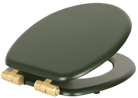 Harbour Housewares Soft Close Wooden Toilet Seat - Green/Gold - Pack of 1 | Oval-Shaped Antibacterial Loo Lid with Easy Install Universal Hinges, Fixings & Fittings for Bathroom Toilet Replacement