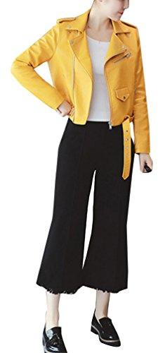 Femmes Veste en Simili Cuir Zipper Manteau Court Veste Blazer à Manches Longues L Jaune