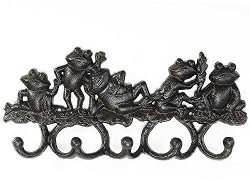 Sungmor Cast Iron Animal Wall Hook Rack - Rustic Decorative Key Holder with 5 Hooks, Lovely Frog Coat Hanger - Vintage Metal Organizer for Entryway, Garden, Mudroom, or Kitchen