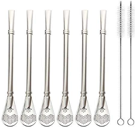 EvaGo Lot de 6 pailles réutilisables en acier inoxydable avec cuillère filtrante Yerba Mate Tea Bombilla avec 2 brosses de nettoyage, 15,5 cm de long