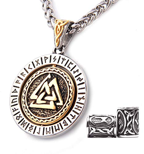 Gungneer Odin Valknut Pendant Necklace Norse Pagan Jewelry Stainless Steel Viking Jewelry Men, Viking Beard Beads Gift