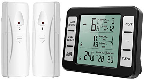 Brifit Kühlschrank Thermometer, Digital Gefrierschrank Thermometer mit 2 Sensoren, Kühlschrankthermometer mit MIN/MAX Display, Temperatur Alarm, ℃/℉ Schalter, für Zuhause, Restaurants, Bars, Cafés