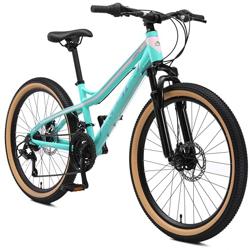 BIKESTAR VTT Vélo Tout Terrain pour Enfants de 10-13 Ans | Bicyclette 24 Pouces 21 Vitesses Shimano, Hardtail, Freins Disc, Suspension | Turquoise Blanc