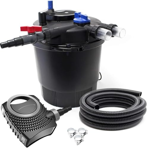 SunSun Kit complet: CPF-20000 Filtre de bassin à pression jusqu’à 10000 L avec 11 Watt lampe uv, NEO10000 SuperECO pompe 10000l/h 80W, 10m Tuyau 38 mm (1 1/2), collier de serrage W1 44-47mm