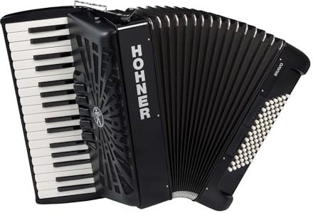 Hohner Bravo III 72 Chromatic Piano Key Accordion (Jet Black) with Standard Traps and Gig Bag, 34 Piano Keys / 3 Voices / 5 Tone Colors