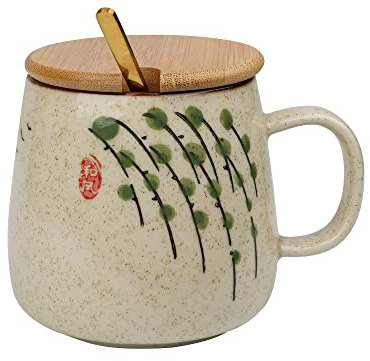 Tazza da caffè giapponese in ceramica, stile vintage, squisite tazze smaltate con cucchiaio e coperchio, 362,9 g, idea regalo creativo per amici/amanti