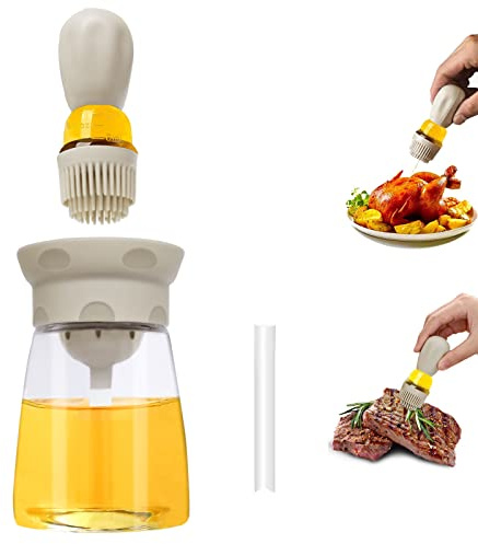 Ölspenderflasche mit Pinsel, 2-in-1-Glas-Olivenöl-Aufbewahrung und Behälter mit Silikon-Backpinsel für Küche, Grillen, Backen und Kochen, T-OB22, Grau