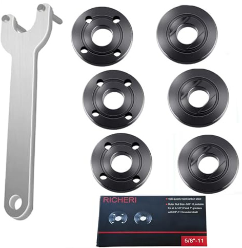Grinder Flange Angle Wrench Metal Lock Nut Fit for DW Milwaukee Makita 193465-4 Compatible with Bosch Black & Decker Ryobi 4.5 5 5/8-11 (1 wrench, 3 inner nuts, 3 outer nuts)