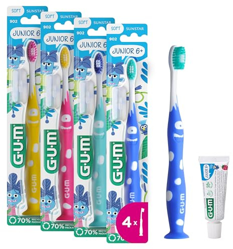 GUM Brosse à dents junior | pour enfants de 6 à 9 ans | tête rembourrée | poils doux | poignée antidérapante | ventouse | 1 pièce | 4 x 1 pièce (avec 1 échantillon bonus)