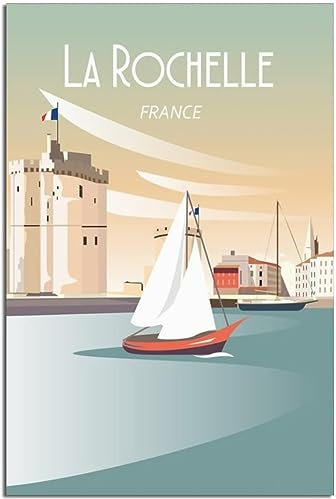 Leinwandkunst Frankreich La Rochelle City Chain Tower Pier Boot Sonnenuntergang Vintage Reise Poster Home Dekoration Dekorative Gemälde Malerei Leinwand Ungerahmt 60x90cm