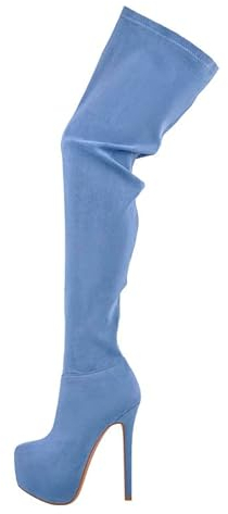 blingqueen Damen Stretch Overknee Plateau Stiletto Stiefel Boots Reißverschluss High Heels Faux Suede Jeansblau 45 EU
