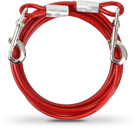 3m Tie-Out Leinen für Hunde, Tie Out Hund Kabel Heavy Duty mit Drehhaken, Lange Hundeleine Haustier Stahldraht Haustiere Führen, Hofleine Kabelleine für Mittlere Große Hunde, Bis zu 250kg (Rot)