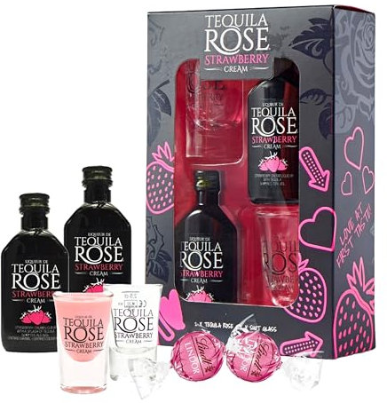 Tequila Rose Gift Set for Couple Gifts - Cream Liqueur 2x4.9cl Miniature Alcohol Bottles, Shot Glasses & 2 Strawberry Cream Lindt Chocolate Truffles. Birthday Gifts for Women, Christmas Gifts