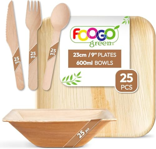FOOGO Green 125pcs Palm Leaf Plates, Bowls and Cutlery Set, Square | FSC® Certified, 25x Large Square Plates, 25x Bowls, 25x Forks, 25x Knives, 25x Spoons, Eco Party