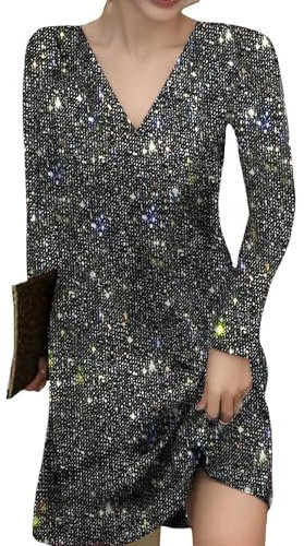 Cihdmfb Glitzer Kleid Damen Große Größe Pailettenkleider Elegant V-Ausschnitt Langarm Festlich Partykleid Glitzer Cocktailkleid Pailletten Frauen Kleider Glitzerkleid Abendkleid(A Schwarz,XL)