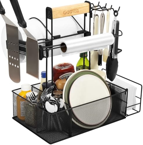 Geesta Grill Caddy for Outdoor Grill, BBQ Picnic Camping Caddy with Paper Towel Holder & Magnetic Tool Holder, Condiment Storage Utensil Kitchen Organizer for RV Camper, Tailgate Accessories