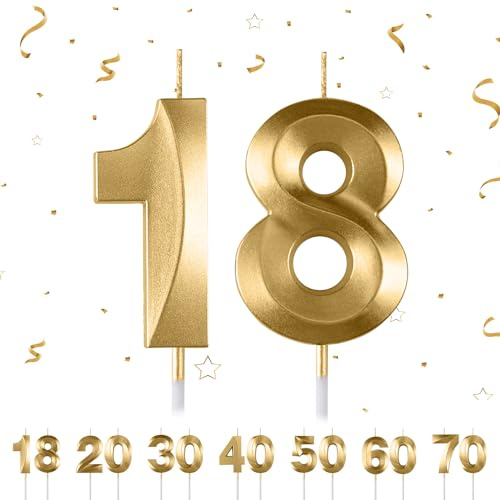 Bougies d'anniversaire avec chiffres pour gâteau, forme de diamant 3D, bougies de gâteau en forme de chiffre 18,20,30,40,50,60,70 paillettes (doré 18)