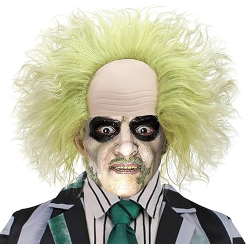 PORSMEER Kurz Grün Mix Silber Perücke mit Glatze Clown für Herren Beetlejuice-Kostüm,Outfit für Halloween, Kostüm zum Film,Kurze lockige Perücke Männer