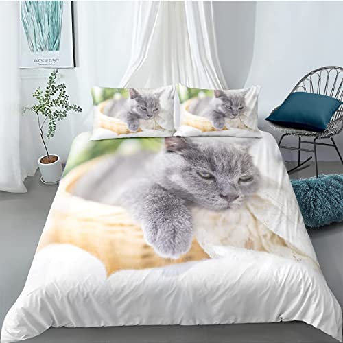 CHCHNXY Bettwäsche 200x200,Weiße Katze 3 Teilig Weich Und Atmungsaktiv Bettwäsche-Set,Für Jugendliche Erwachsene 1 Bettbezüge Mit Reißverschluss Und 2 Kissenbezug 80x80cm