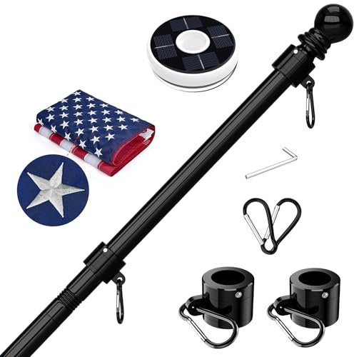 FIASON Edelstahl-Fahnenmast mit amerikanischer Flagge mit Solarlicht, verhedderungsfreies Fahnenmast-Set, Fahnenmast für Außenhaus, Veranda, Hof, Wohn- oder Gewerbe, 1,8 m, Schwarz