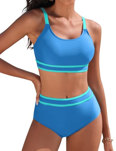 Yuson Girl Women's Bikini Sets High Waisted Swimsuit Push Up Two Piece Swimsuit Scoop Neck Swimwear Tummy Control Bathing Suits Ladies Swimsuit Suits Padded Bikini for Women(Blue, M)
