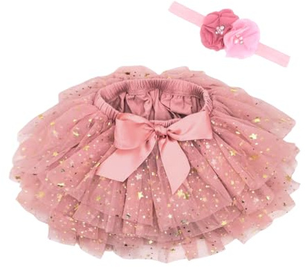 Beganly Baby flicka mjuk fluffig volanger tyllkjol med blöjöverdrag småbarn prinsessa party tutu set med blommor pannband, Stjärnor dammig ros, 6-12 månader