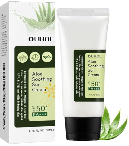 Aloe Creme Solaire Visage SPF 50, Sunscreen SPF 50, Aloe Soothing Sun Cream, Creme Solaire Indice 50, Moisturising Sun Protection Cream, Respirant, Convient à Tous Les Types de Peau