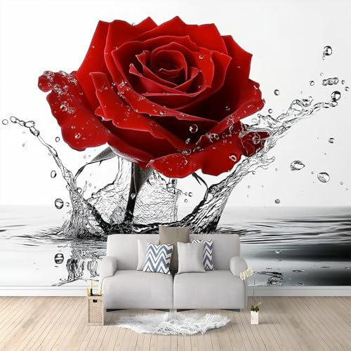 Vlies Tapeten 200 x 140 cm moderne Fototapete Blumen Rote Rosen Mit Wasserspritzern wandbild Tapete Weiß Art Fototapete Deko für Mädchen und Jungen Schlafzimmer Wohnzimmer Kinderzimmer Wand