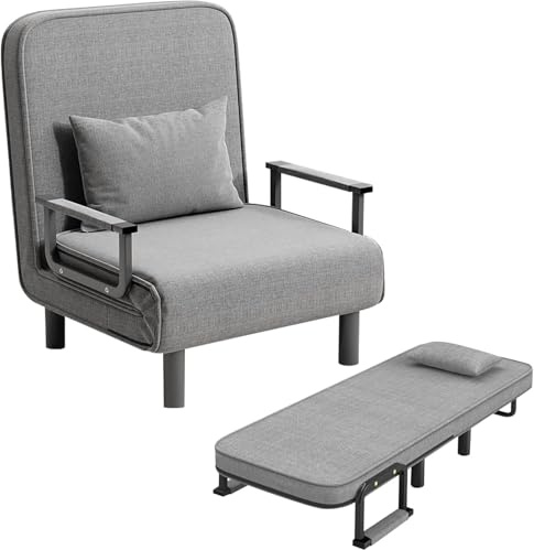 Solerconm Sillón Convertible 3 en 1, sofá cama plegable con respaldo ajustable de 6 posiciones, tumbona multifunción con almohada extraíble, montaje fácil (gris, 25,5 L)
