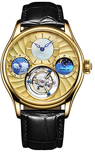 JDLERMY Montre squelette à mouvement tourbillon authentique pour homme - Multifonctionnel - Remontage manuel - Saphir - Vintage - Double face - Creux - Étanche - Phase de lune lumineuse, Doré/noir