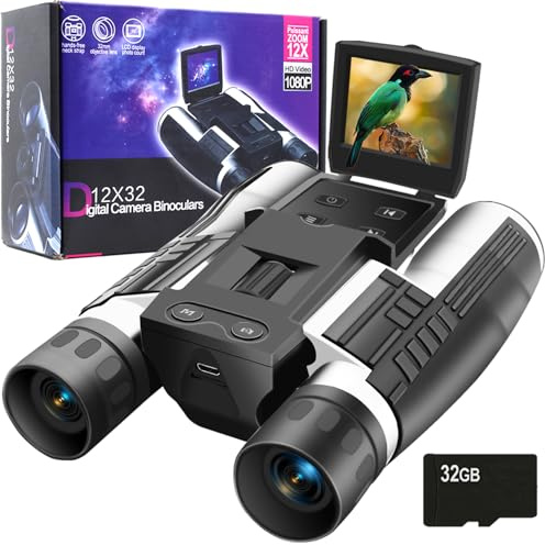 12x32 Binoculars for Adults, Digital Binoculars with Camera 12MP Photo 2K Video 2 LCD Display Screen with 32GB Micro SD Card for Bird Watching Hunting Football Concerts Theatre
