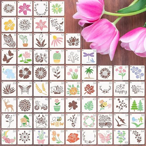 64 Stück Malschablonen Blumen und Natur 76 x 76 mm DIY Schablonen aus PET für Kinder und Erwachsene Wiederverwendbare Schablonen für Holz Stoff Wand Karten Textilien Basteln Malerei