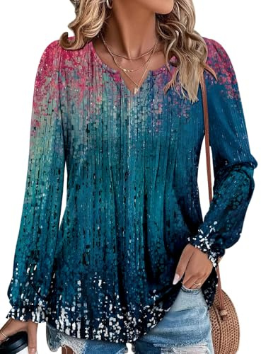 KISSMODA Womens Long Sleeve Blouses V Neck Pleated Dressy Shirt Tunic Tops | Notch V Neck, Ruffle Cuffs, Loose Fit Hem Blouse for Leggings, Casual Fashion Fall Winter Outfits