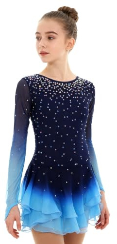 Kmarouse Eiskunstlaufkleid Rundhalsausschnitt Funkelnde Tanzkostüme for Mädchen Eiskunstlauf-Wettkampfkleid