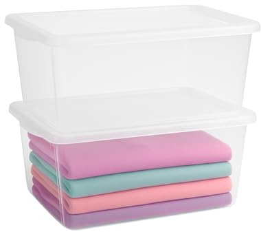 PALUPLUS 2 Contenitori Multiuso Trasparenti, misura 55x39x25 cm e capacità 42 Lt, porta biancheria, coperchio chiusura a scatto, box salvaspazio impilabile armadio, accessori -1319F -3