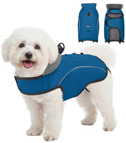 Eyein Hundemantel Winter, Wasserdichter & Winddichter Warm Fleece Hundejacke mit D-Ring und Tasche, Reflektierende Winterweste mit verstellbarem Hals- und Brustbereich für Kleine Hunde, Blau, S
