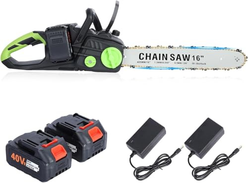 Tronconneuse sans fil avec 2 x 2000 mAh Batterie, 16 Pouces Tronconneuse Electrique, À Double Poignée, Système de Lubrification Automatique (Noir + 1800W Power)
