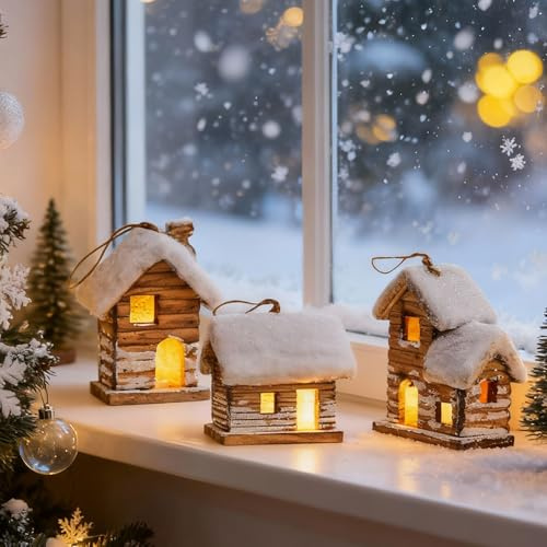 GZWY Weihnachtsdorf mit Beleuchtung, Weihnachtshaus Beleuchtet Weihnachtsdeko Holz Innen Weihnachtshäuser LED Lichthaus Deko Weihnachten Innen Weihnachtsstadt Weihnachtsdeko Modern Windlicht Haus (3)