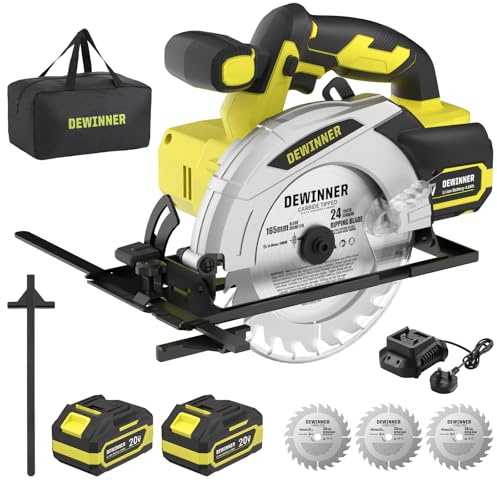 DEWINNER Cordless Circular Saw with 4.0Ah Lithium-Ion Batteries,4000RPM Electric Circular Saw with Electric Brake,Max38mm (45°),54mm (90°),3 * 165mm 24T Blades,Canvas Bag (Two Batteries)
