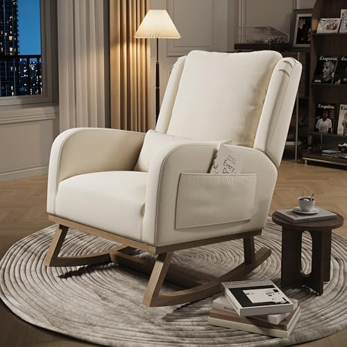 BIYFSDS - Sillón de Lactancia con Respaldo, Mecedora de con Bolsillos, Rocking Chair Interior Exterior Silla de Lactancia Dormitorio Bebe Mecedora Dormitorio balcón (Beige, 94x70x96)