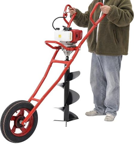 Bdneygtyr bensin, jordborr 52 cc, 2-takts trädgårdsborr 30 cm borr, jordhålsborr, mobil med hjul för staketstolpar, trädgård, bondgård, 1,46 kW, prestanda, professionell och hobby