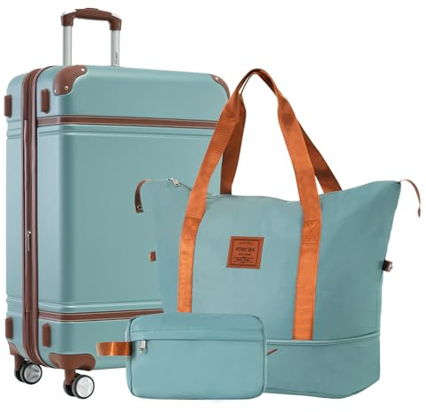 Merax 3 piece hard shell expandable suitcase set with Double Spinner Wheels,24 inch suitcase,a duffel bag and a toiletry bag,TSA Lock(Green)