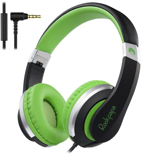 RockPapa I20 Kopfhörer Kinder Schule, Kinder Kopfhörer mit Kabel für Mädchen Junge, HD Mikrofon, Faltbare, kopfhörer Klinke 3.5 mm für Handy,Tablet,PC, Schwarz Grün