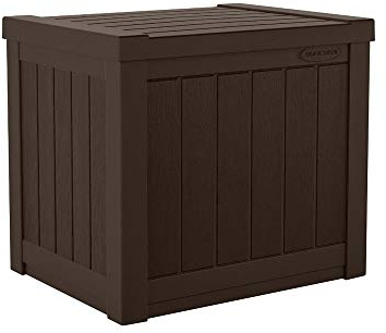 Suncast Small Outdoor Storage Box - 22 Gallon Java Resin Outdoor Deck Box, Flat-Lid Bench Seating, Patio Storage Bin Container for Organizing Tools, Cushions for Porch, Deck, Pool, & Garden