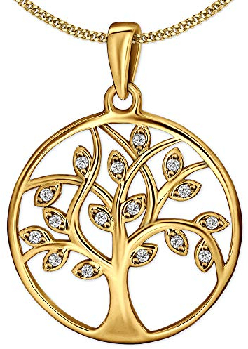 CLEVER SCHMUCK Cadena de oro con colgante del árbol de la vida, diámetro de 20 mm, circonita, plata de ley 925, chapada en oro y cadena barbada dorada para mujer, en estuche de joyería, color